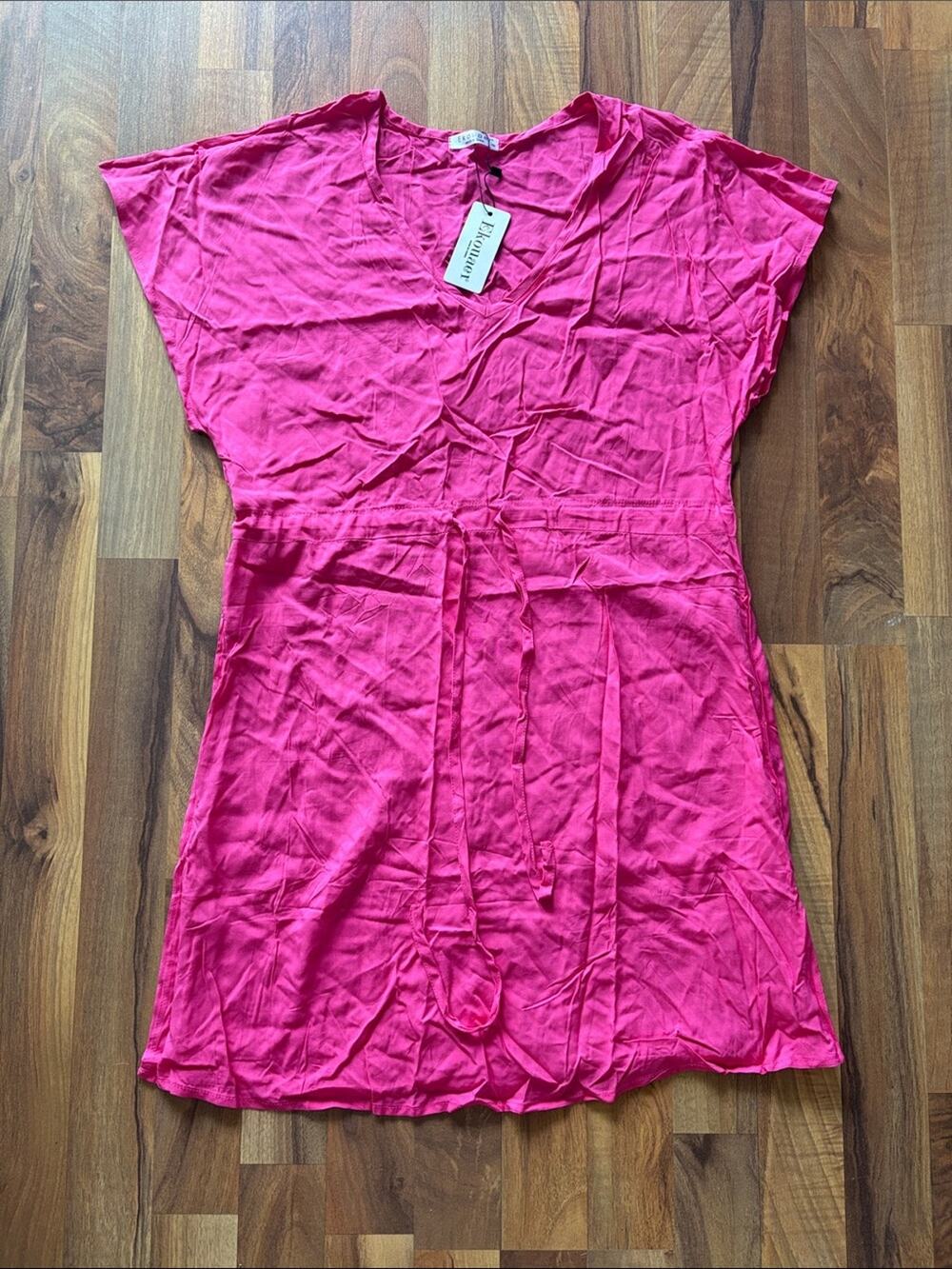 Ekouaer Bright Hot Pink V-Neck Tunic Dress Size XS NWT